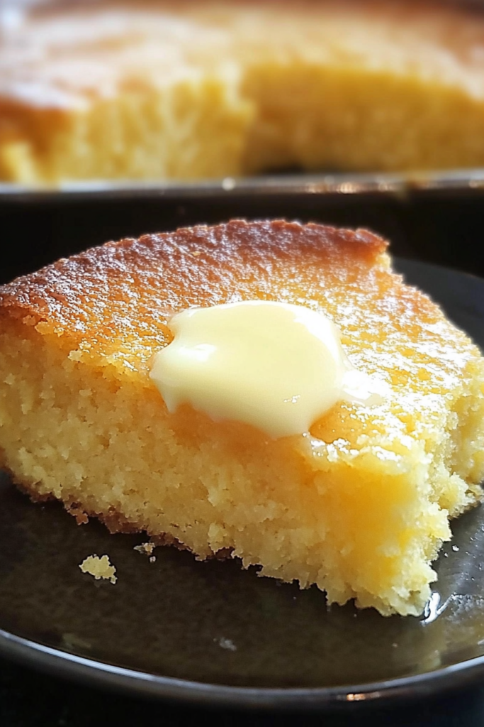 a slice of cornbread with a moist and tender texture, featuring a golden-brown crust that is slightly darker and caramelized at the top edges, indicating a well-baked finish