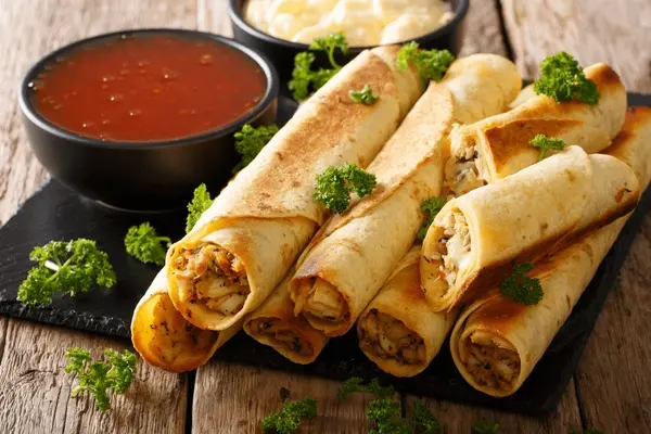 cheesy chicken taquitos with a crispy corn tortilla shell and flavorful chicken filling