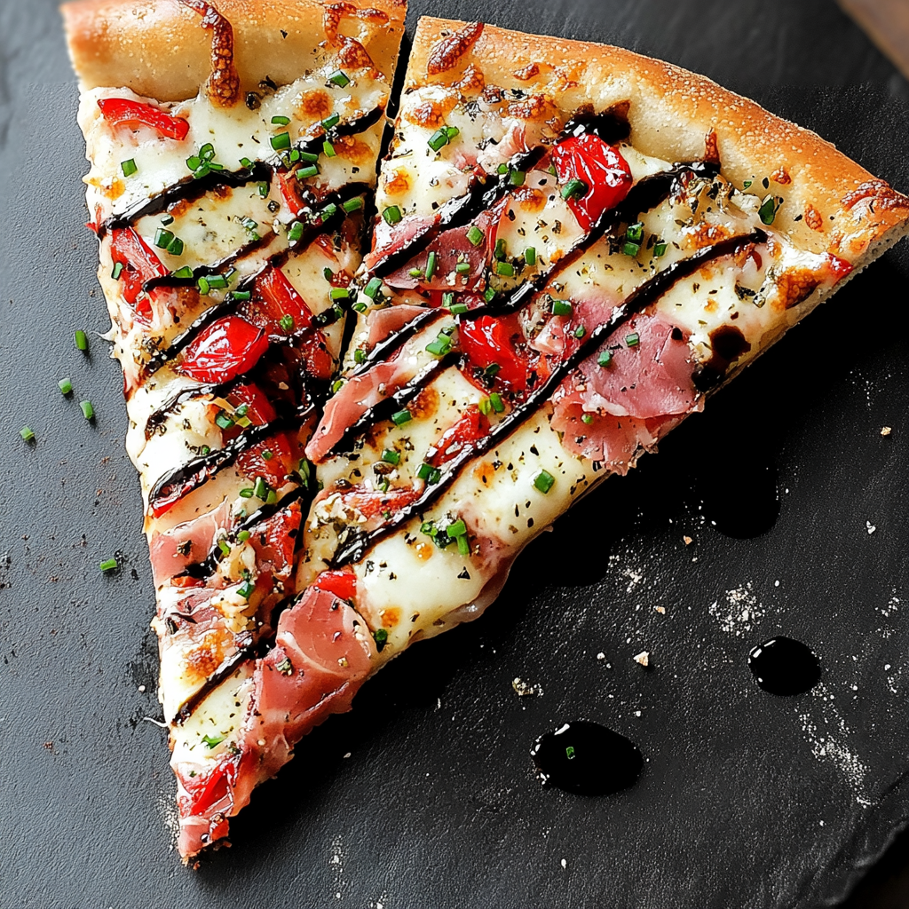 Prosciutto Pizza with Roasted Red Peppers, Mozzarella, and Balsamic Glaze